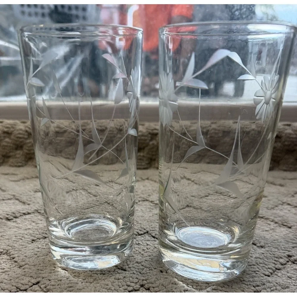 Vintage Mid-Century Etched Floral Highball Glasses, Set of 2